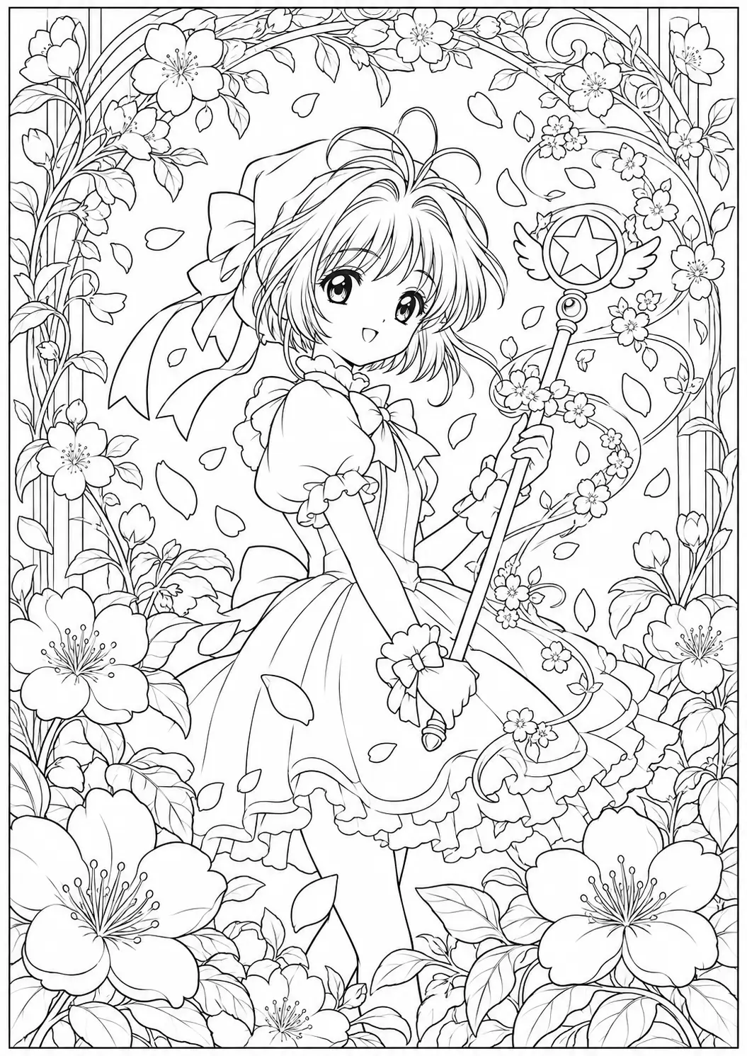 Sakura holding her wand inside a frame of large flowers and petals