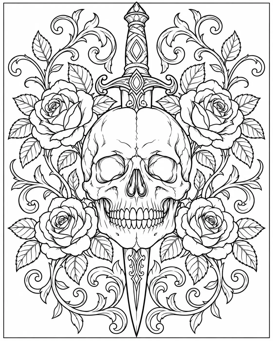 Skull and dagger coloring page with roses for adults