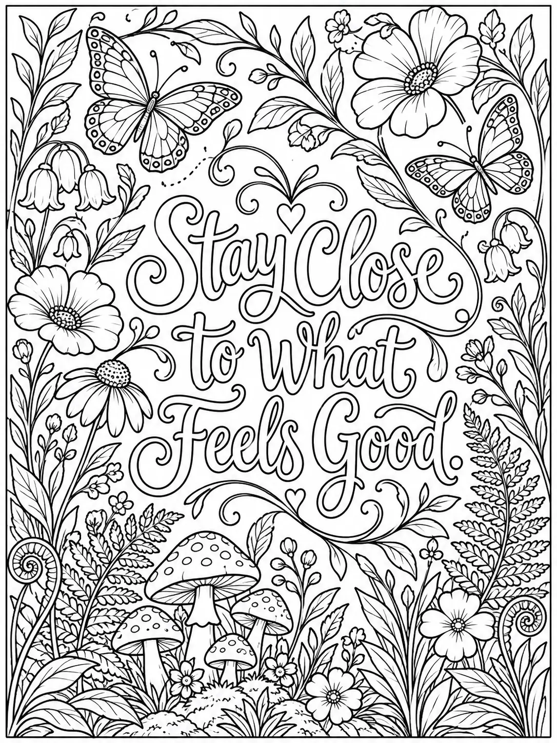 Stay Close to What Feels Good quote coloring page with wildflowers, mushrooms, ferns, and butterflies