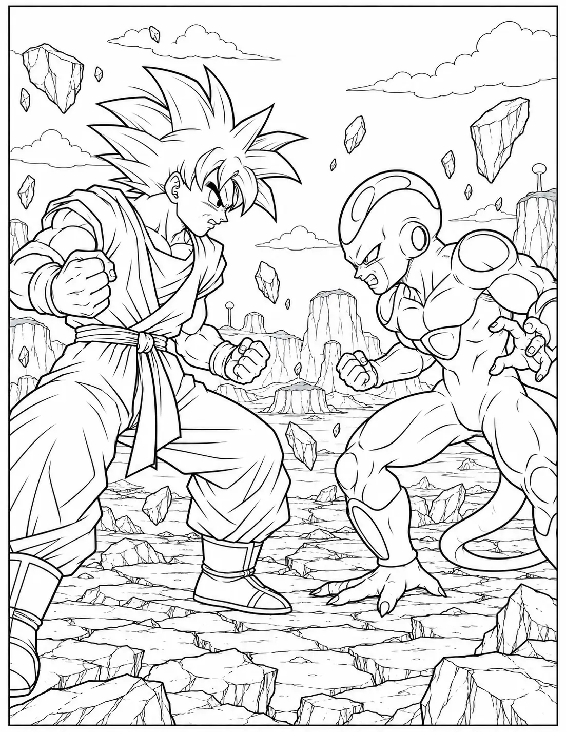 Goku facing Frieza on a rocky battlefield coloring page