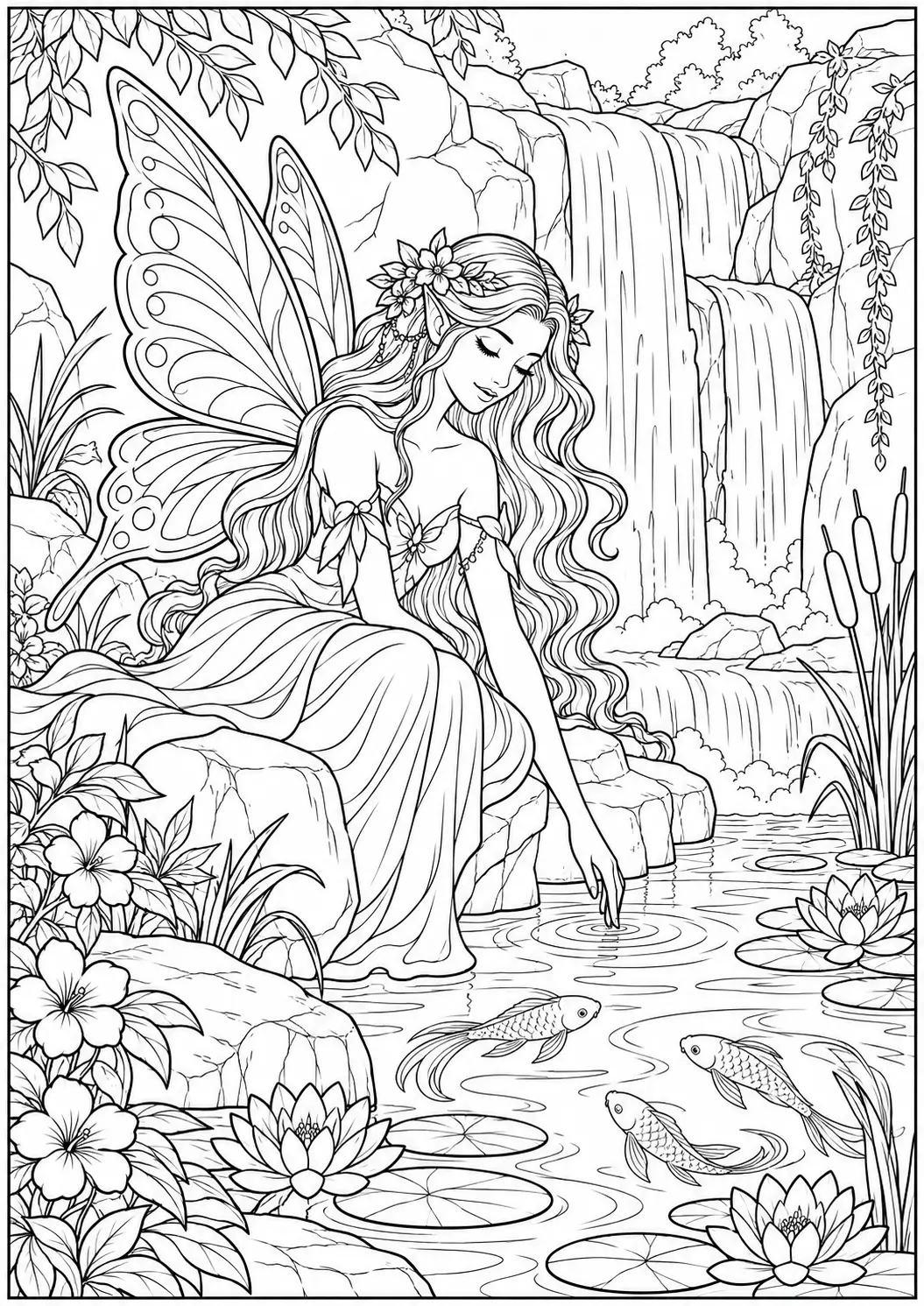 Fairy by the Waterfall coloring page for adults