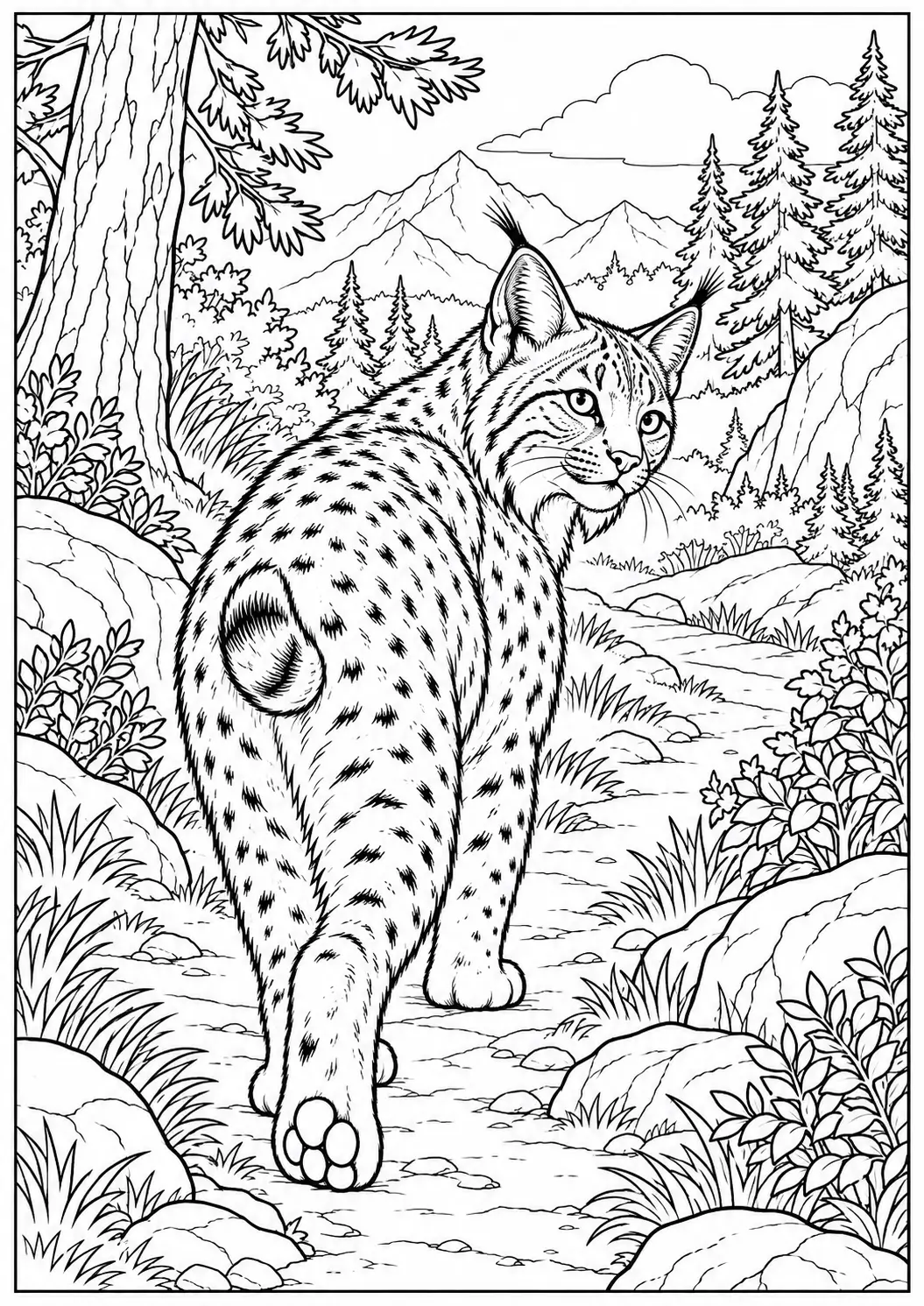 Bobcat walking away and looking back on a mountain trail coloring page