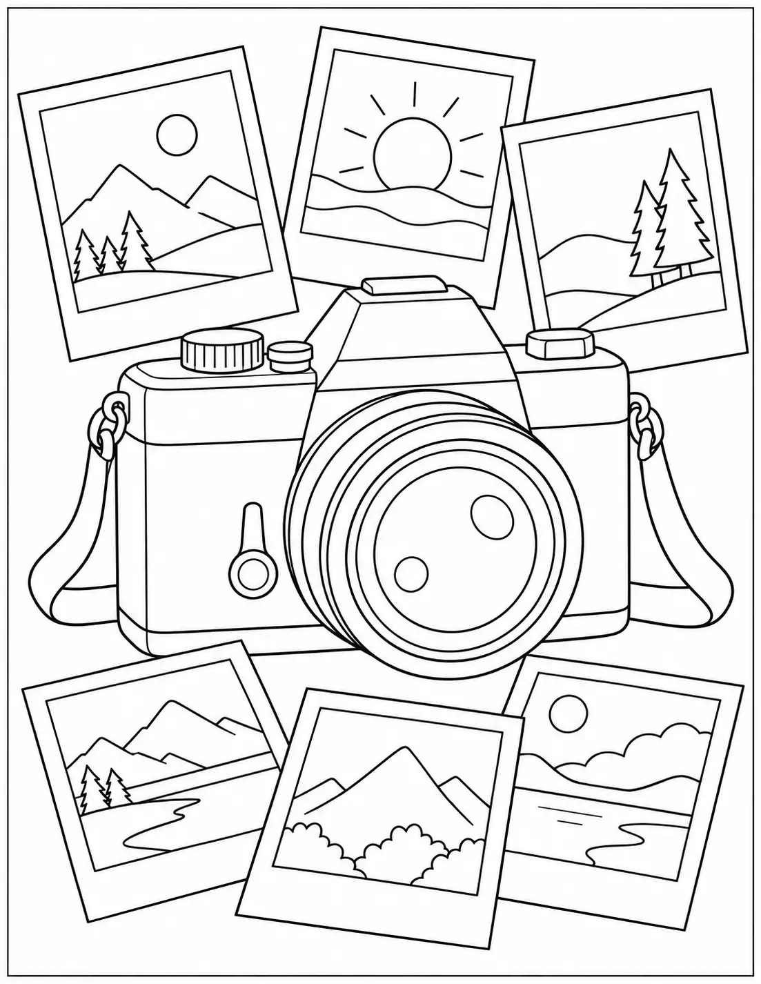 Camera with photo prints coloring page featuring mountain and nature snapshots