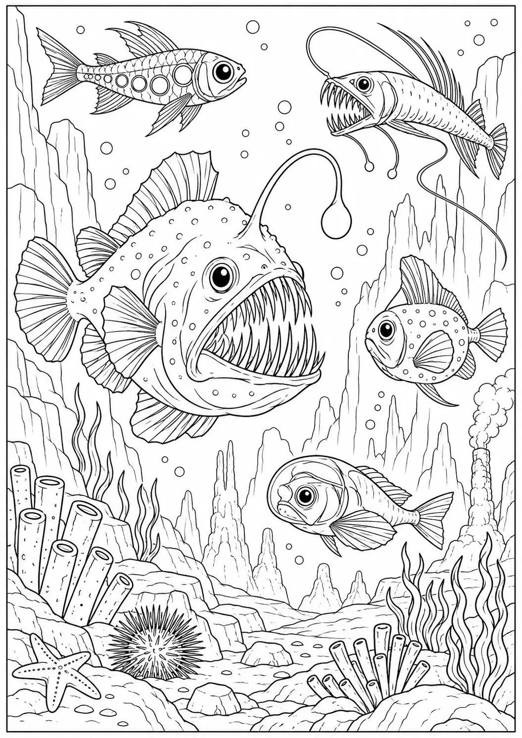 Deep-sea fish underwater scene coloring page for adults