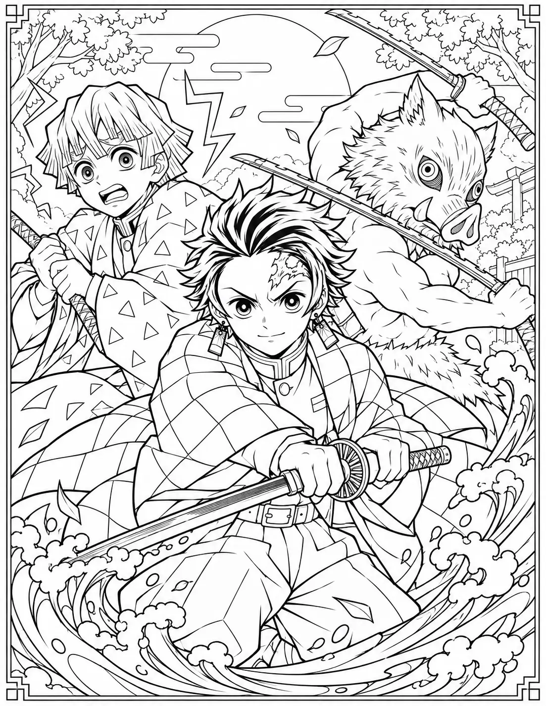 Tanjiro Kamado, Zenitsu, and Inosuke in action coloring page