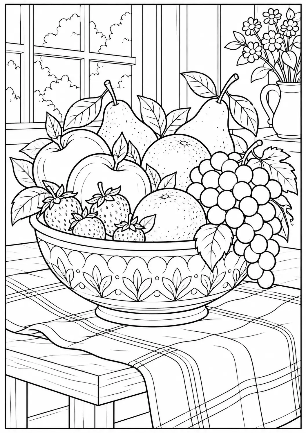 Fruit bowl coloring page for adults with apples, pears, oranges, grapes, and strawberries