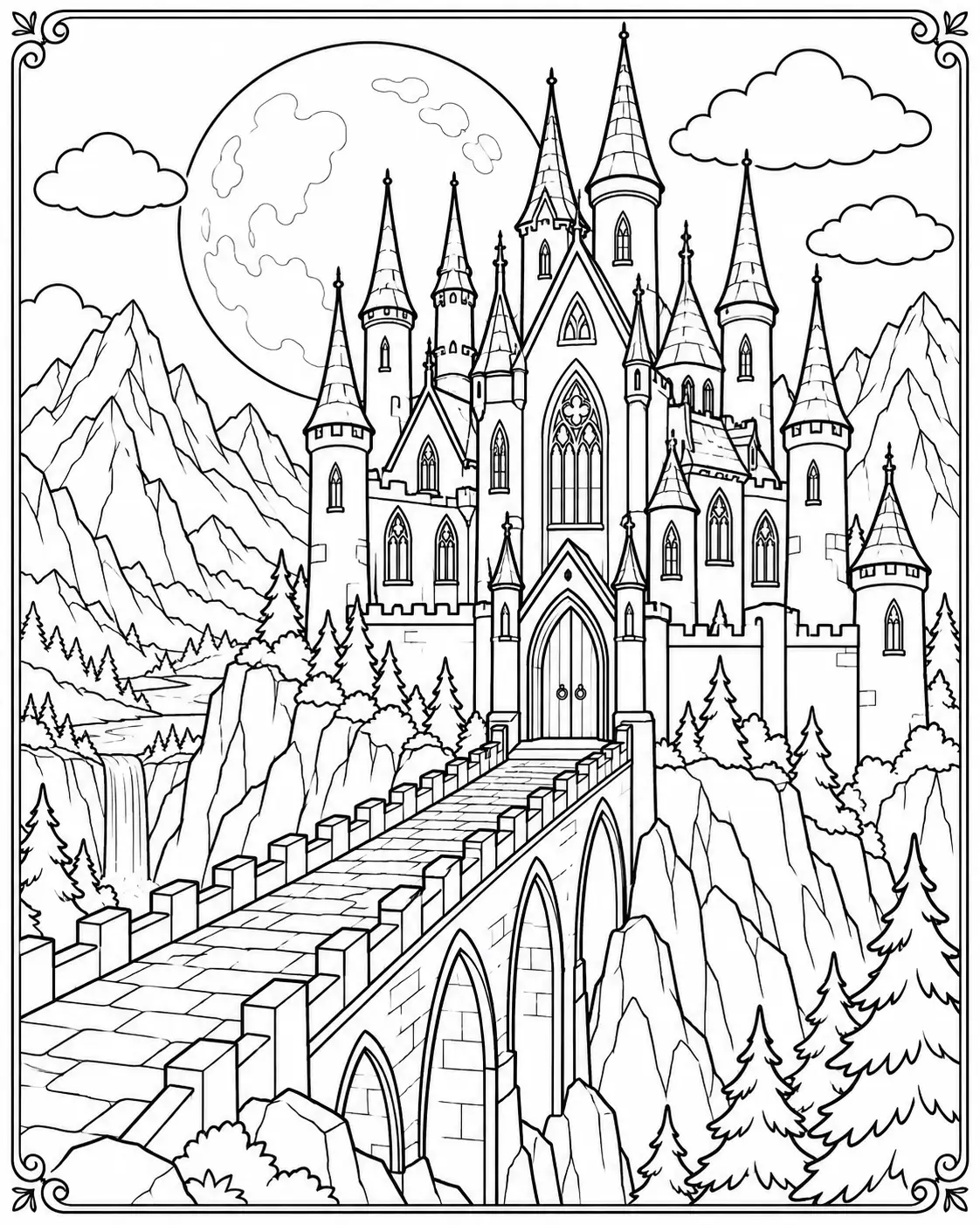 Gothic castle under a large moon with pointed spires, mountains and stone bridge coloring page