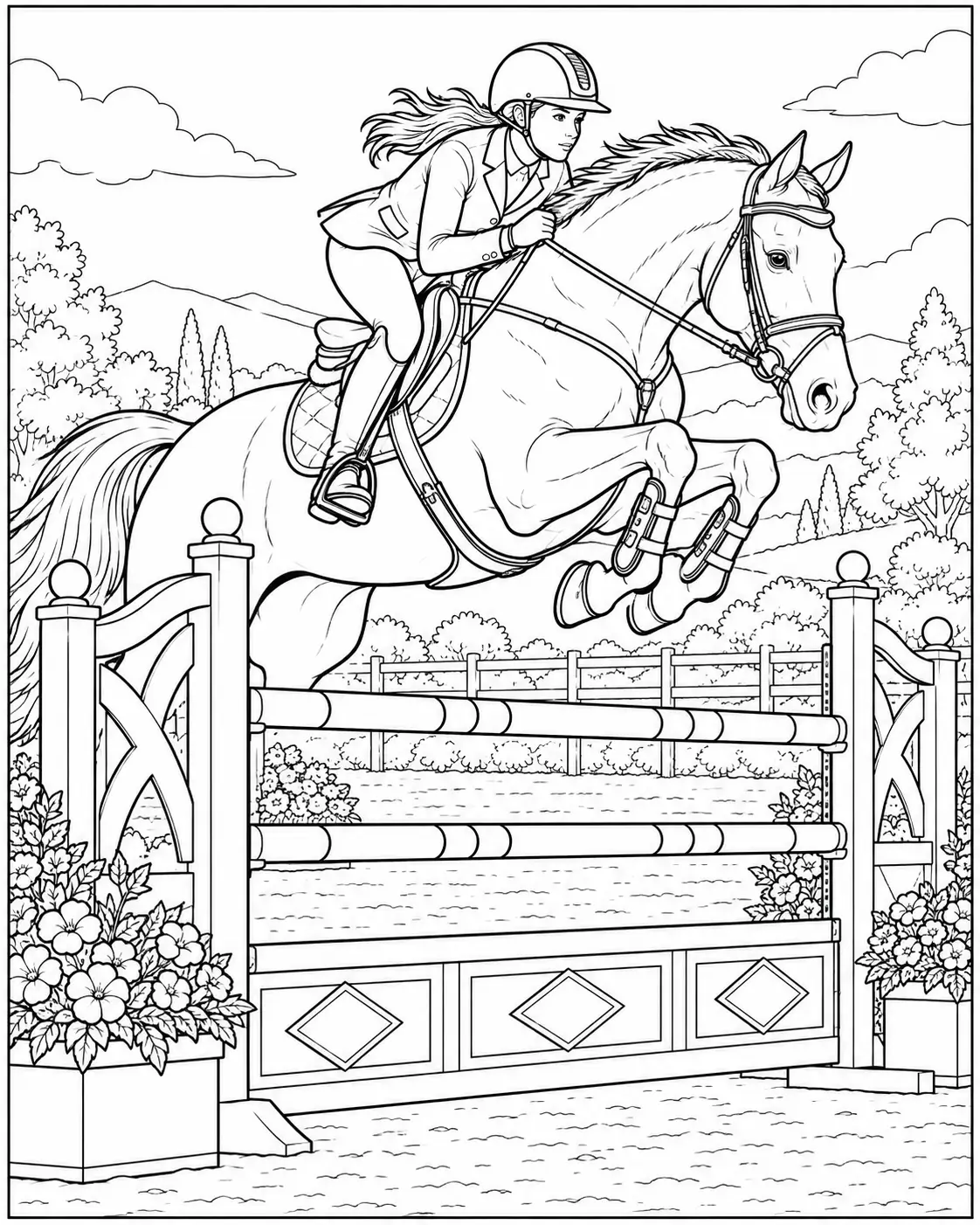 Horse and rider jumping over an equestrian fence coloring page