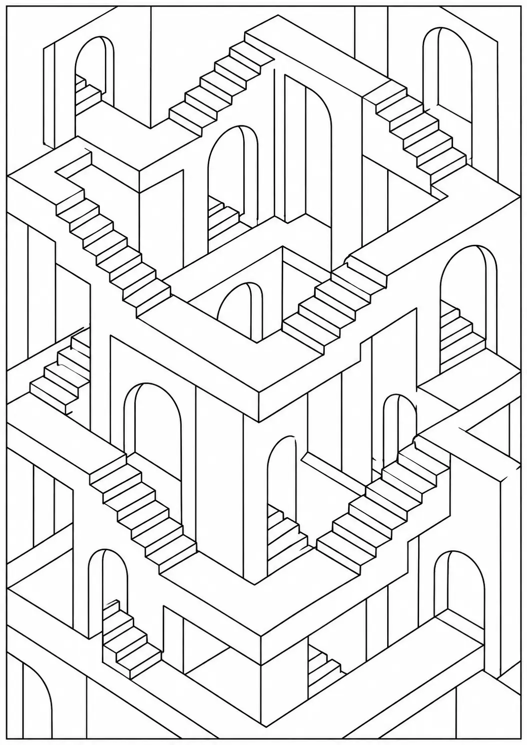 Impossible staircase optical illusion coloring page for adults