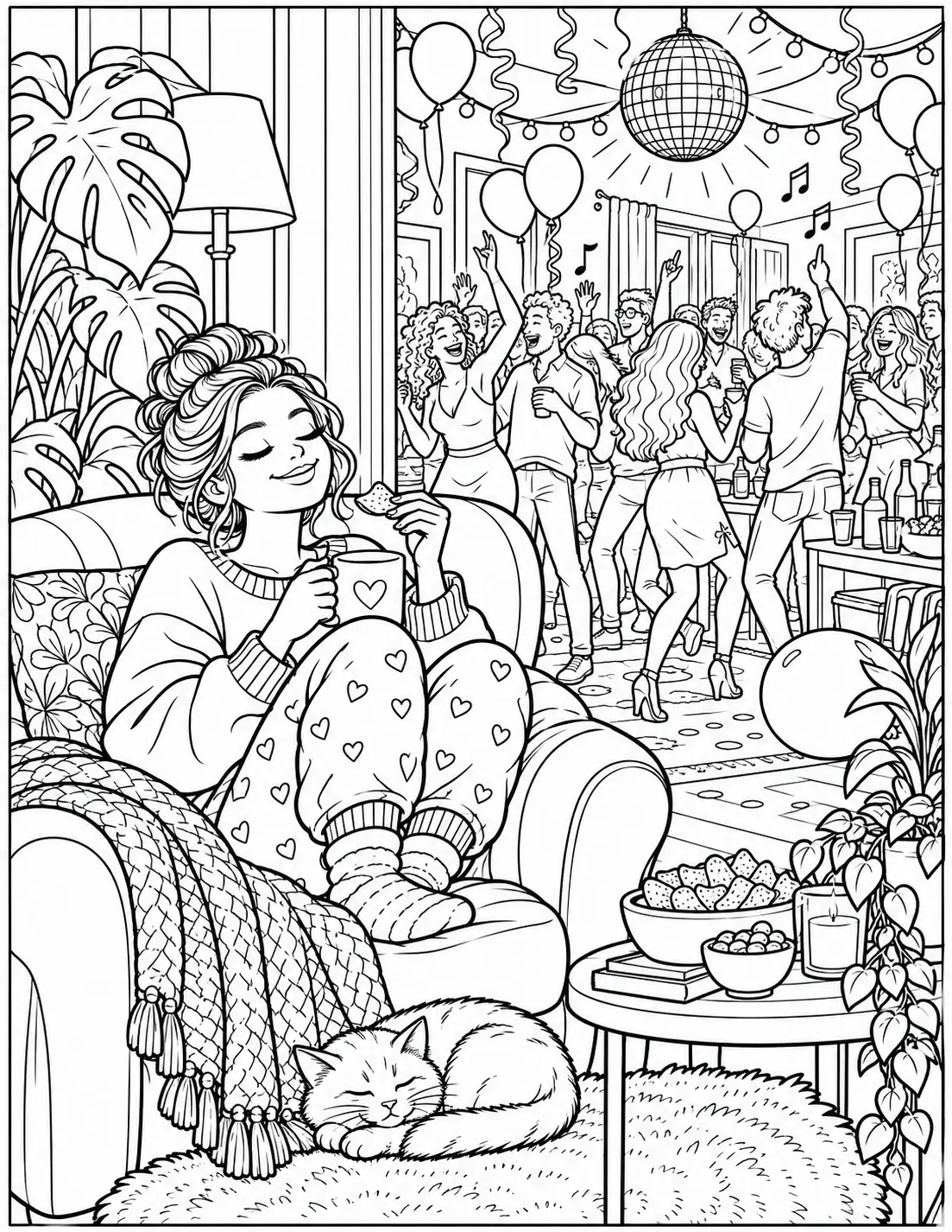 Funny adult coloring page of an introvert relaxing quietly while a party continues nearby
