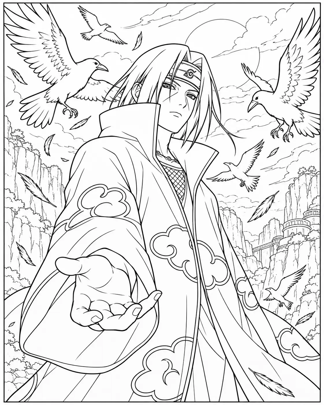 Itachi with crows coloring page
