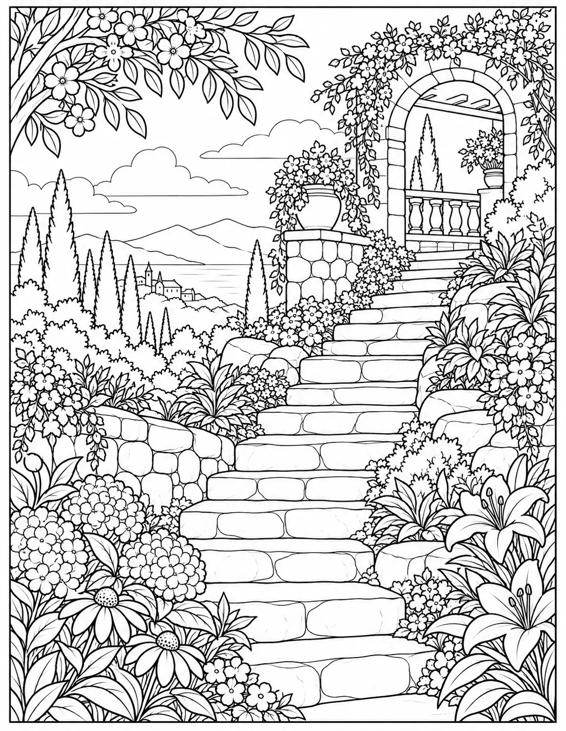 Garden stairway with flowers recovery coloring page