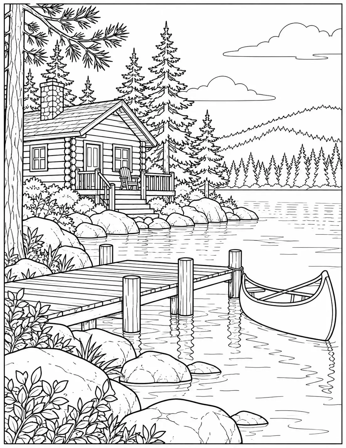 Northern lake cabin landscape coloring page