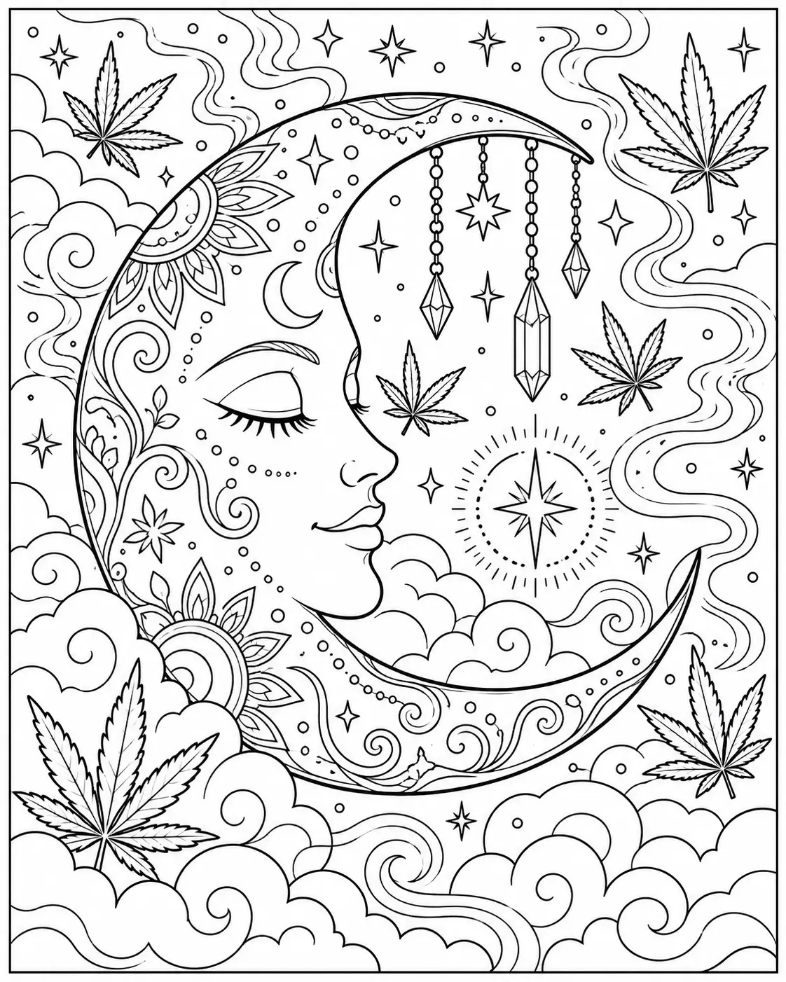 Crescent moon face with cannabis leaves stars and crystals coloring page