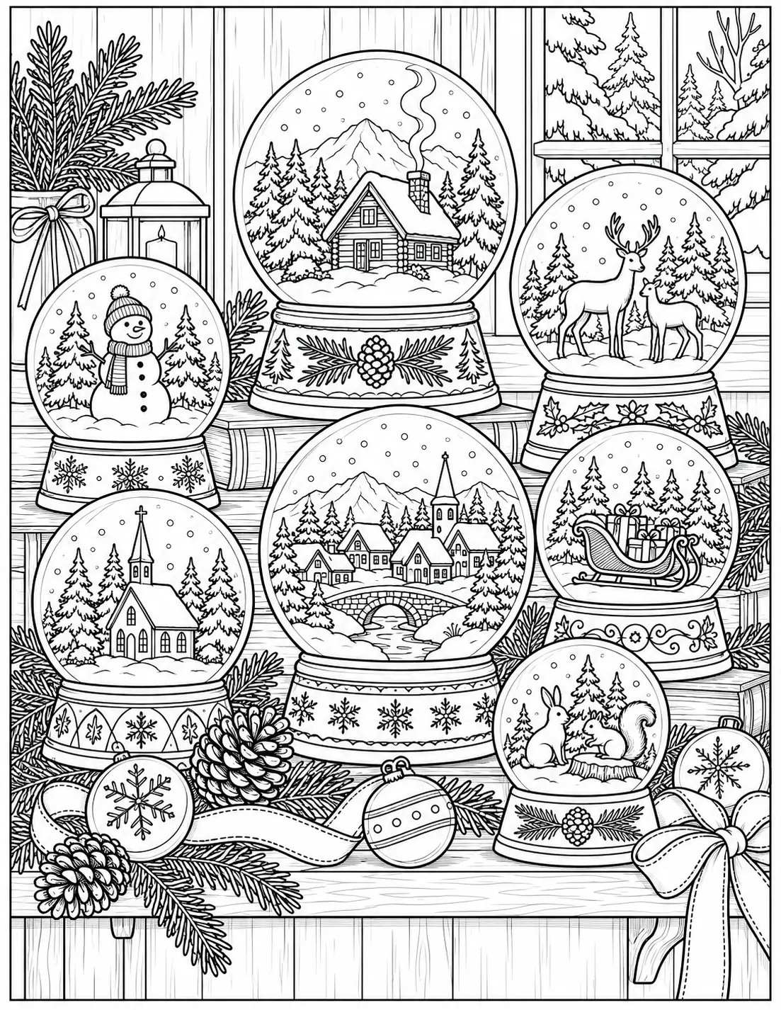 Collection of winter snow globes with snowy scenes coloring page for adults