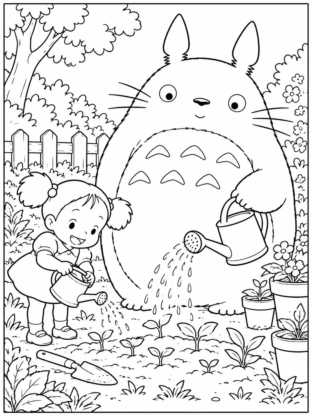 Totoro and Mei watering plants together in a garden coloring page