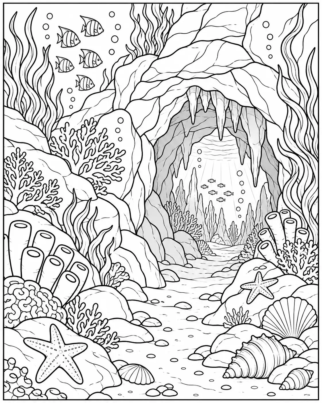 Underwater reef cave with coral and shells coloring page