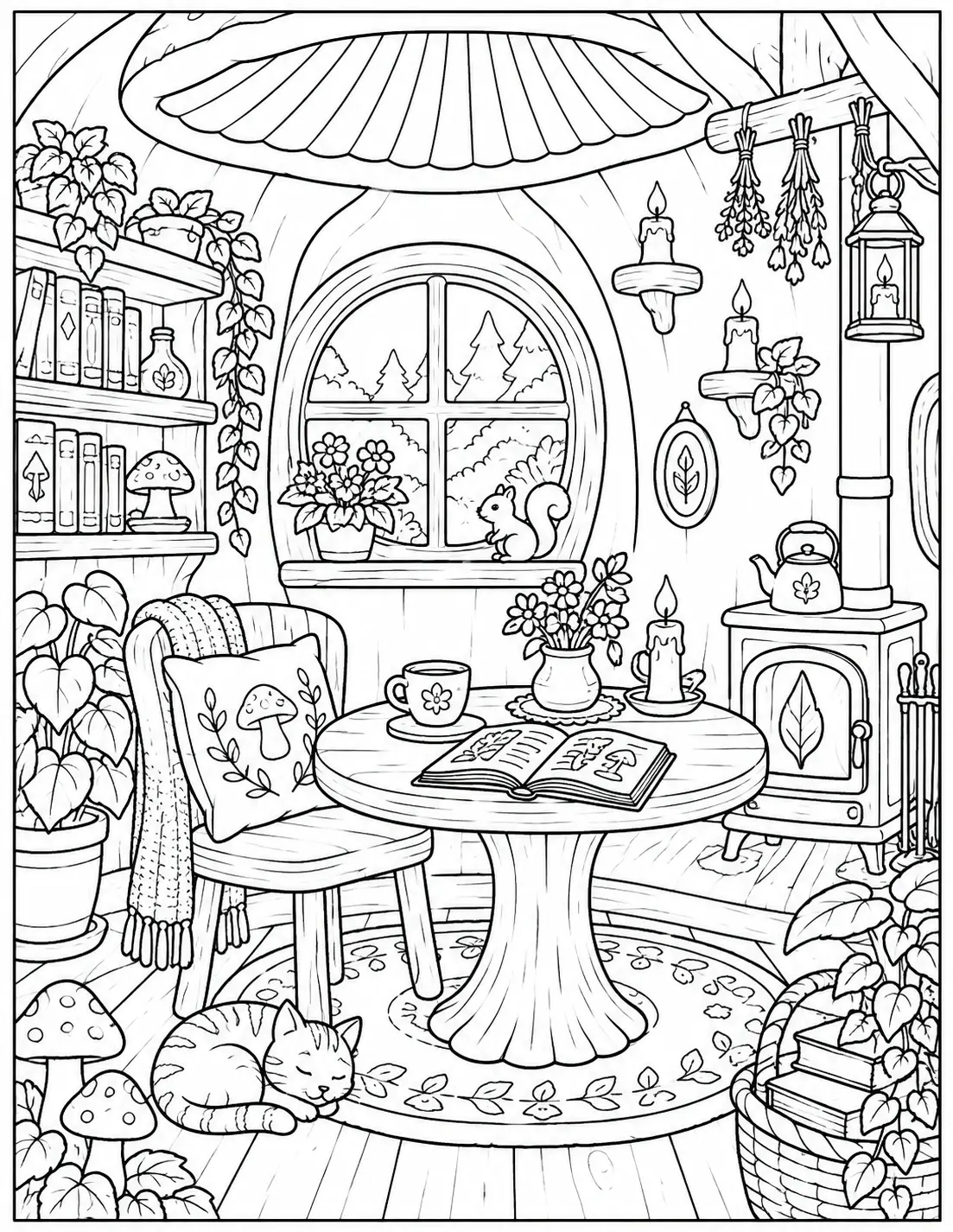 Cozy mushroom cottage interior coloring page