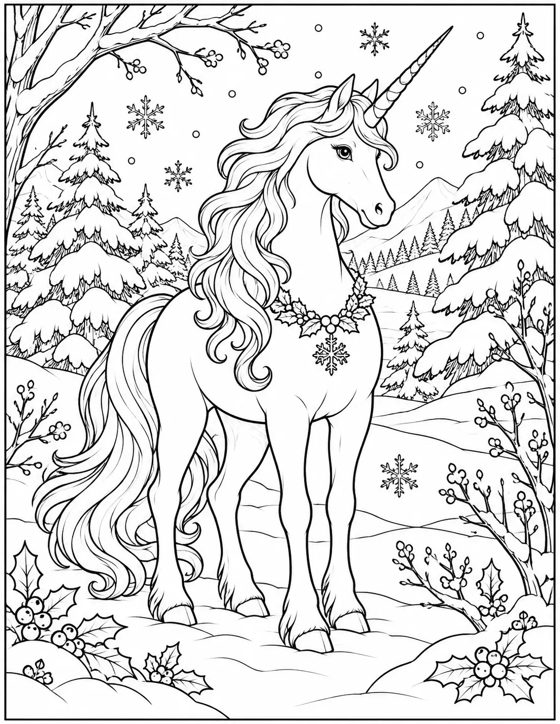 Unicorn in a snowy winter forest coloring page for adults