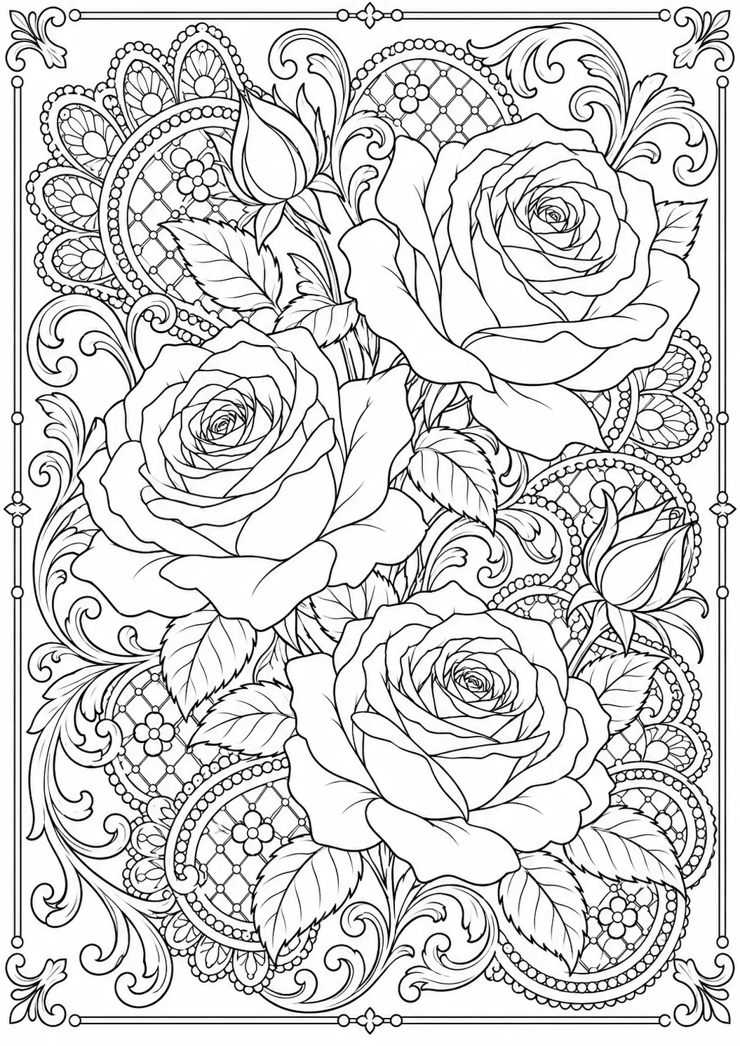 Rose and lace pattern coloring page for adults