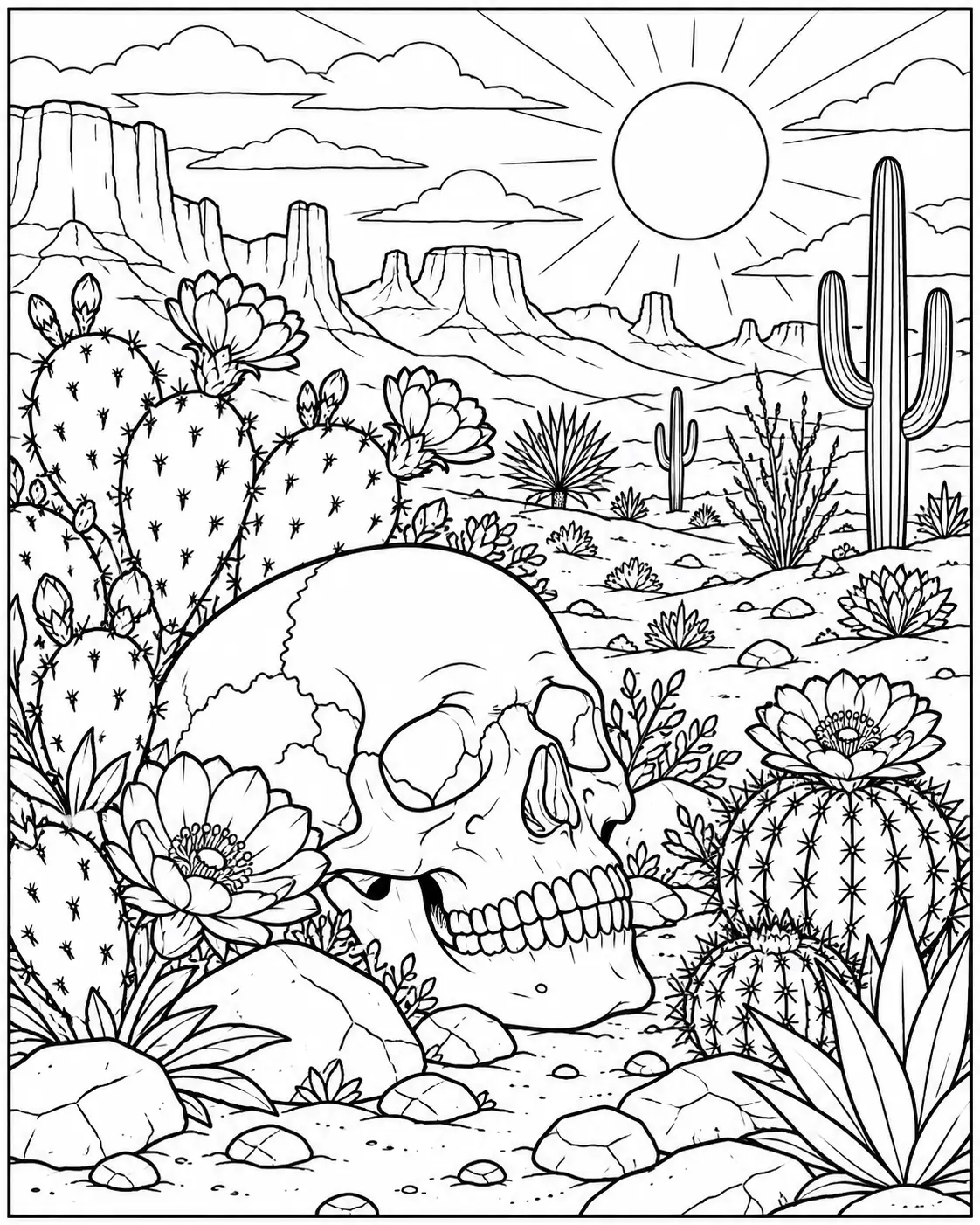 Desert skull coloring page with cacti for adults