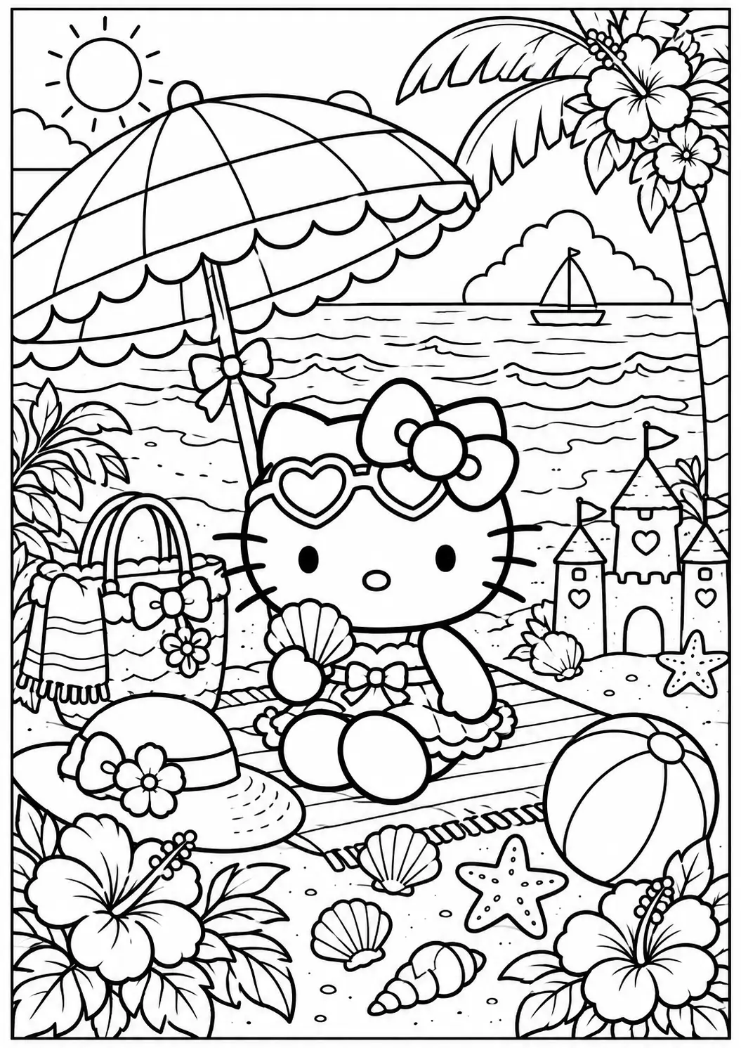 Hello Kitty beach day coloring page for adults