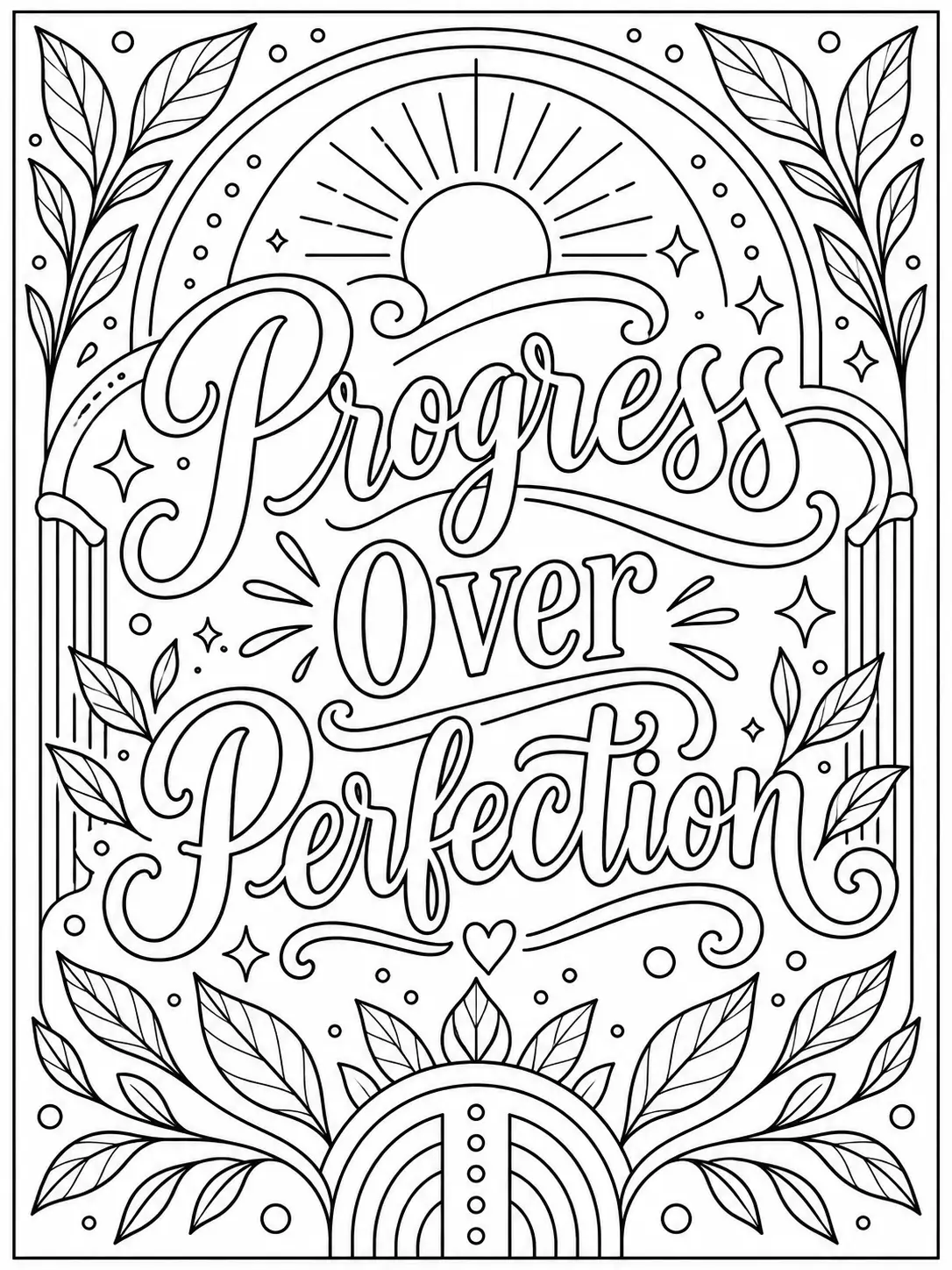 Progress Over Perfection quote coloring page with a sunrise, arches, leaves, and stars