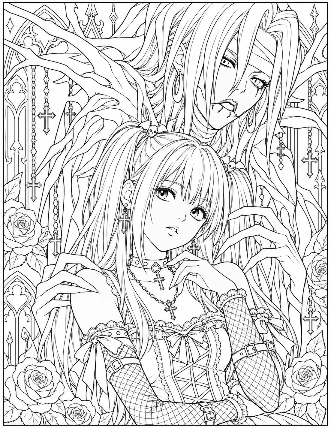 Misa Amane with Rem standing behind her coloring page