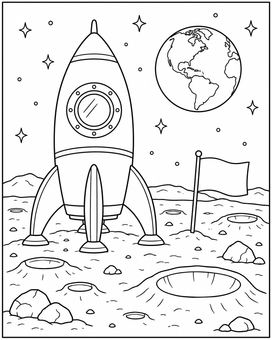 Rocket ship landed on the Moon coloring page