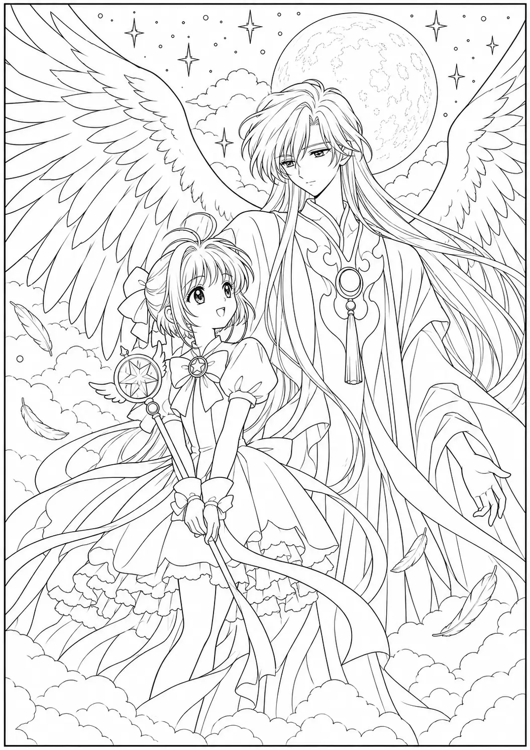Sakura standing beside Yue with large wings beneath a full moon
