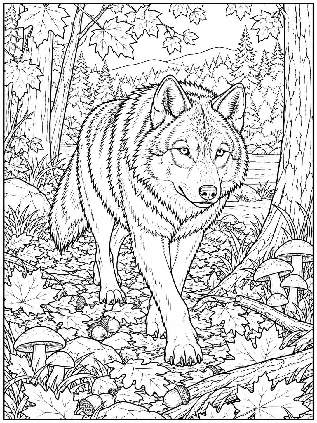 Wolf walking through an autumn forest with leaves, acorns and mushrooms coloring page