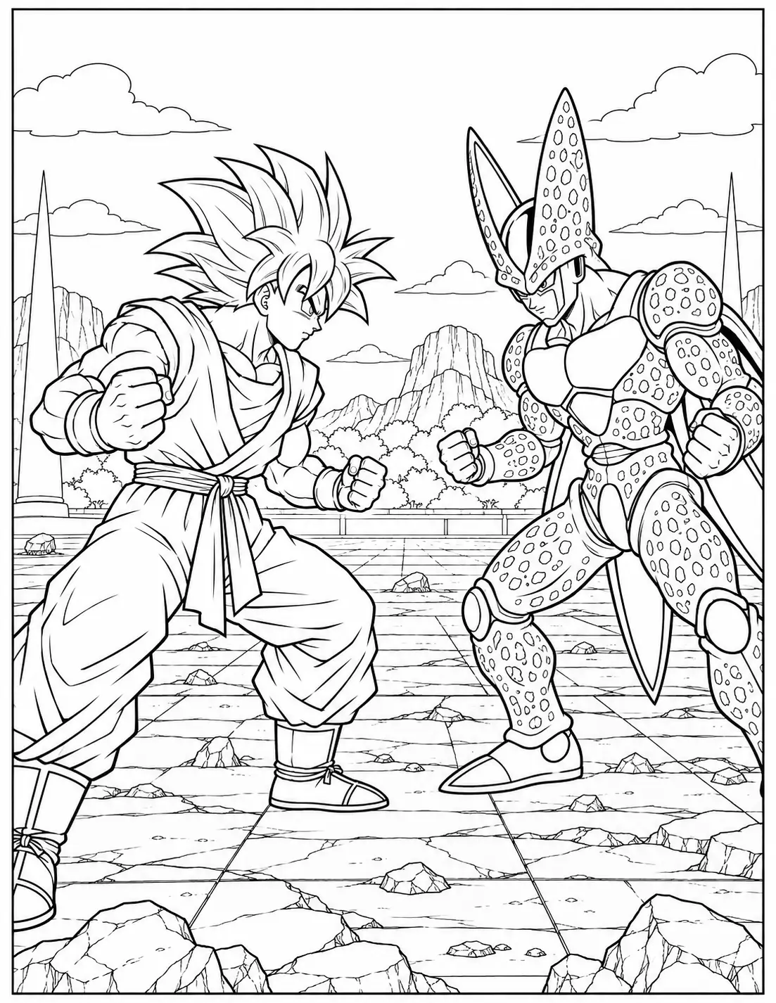 Goku facing Cell in the Cell Games arena coloring page