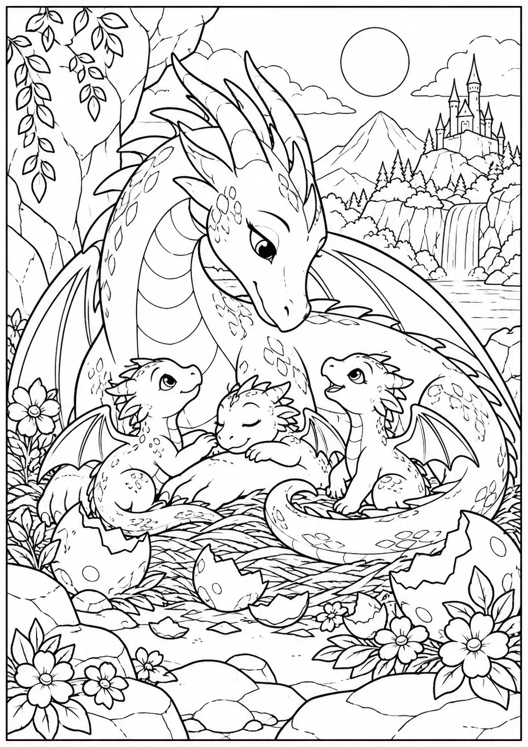 Mother and Baby Dragons coloring page for adults