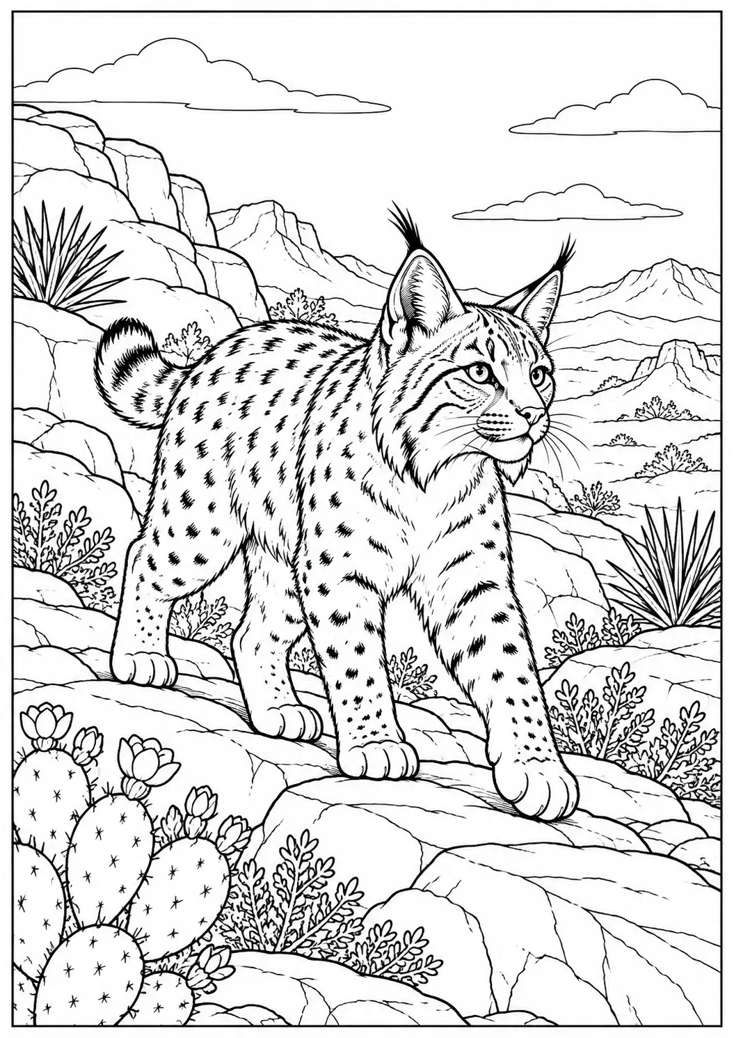 Bobcat walking among desert rocks and cactus plants coloring page