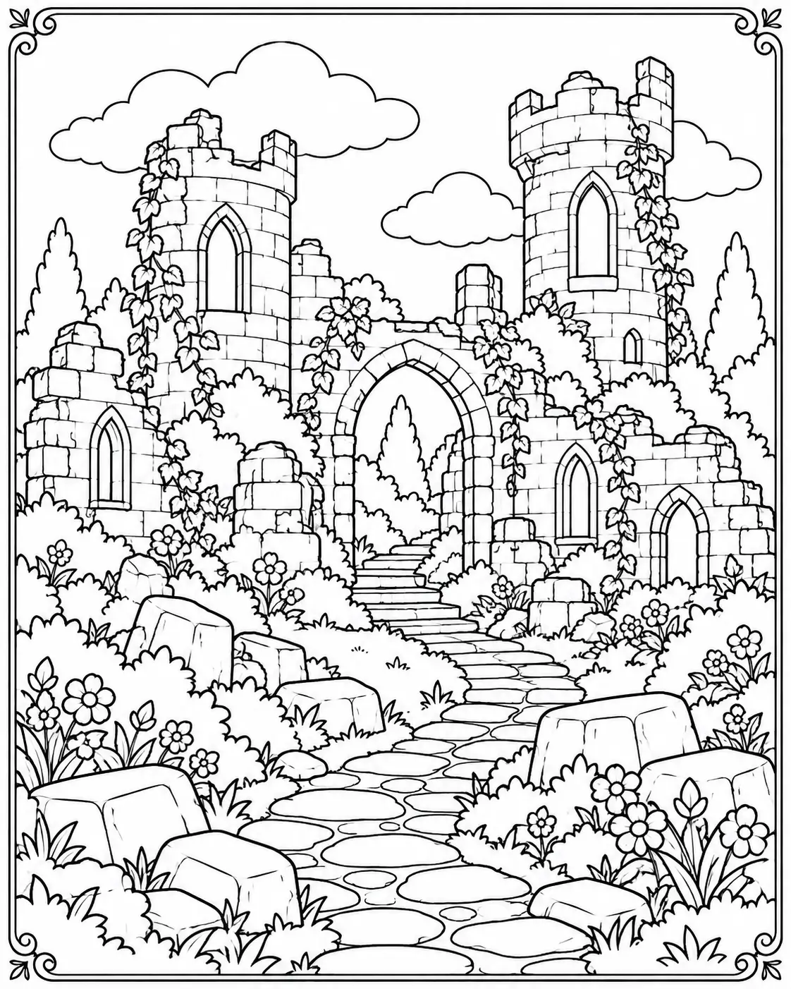Old castle ruins with ivy, stone arches, wildflowers and a winding path coloring page