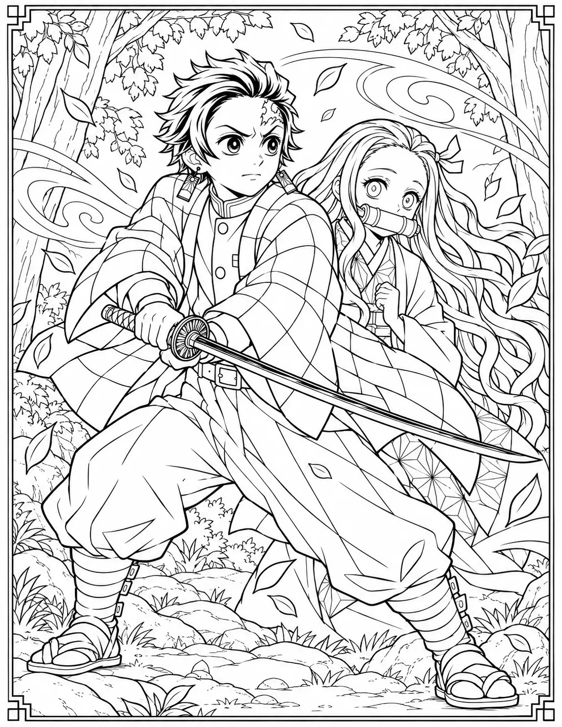 Tanjiro Kamado protecting Nezuko with his sword coloring page