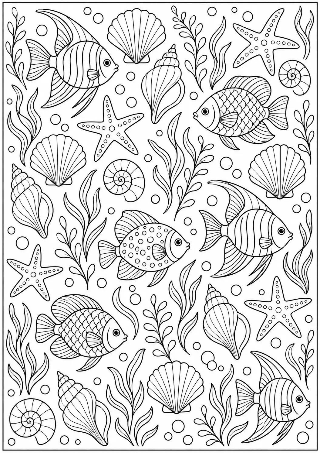 Fish, seashells and starfish pattern coloring page for adults