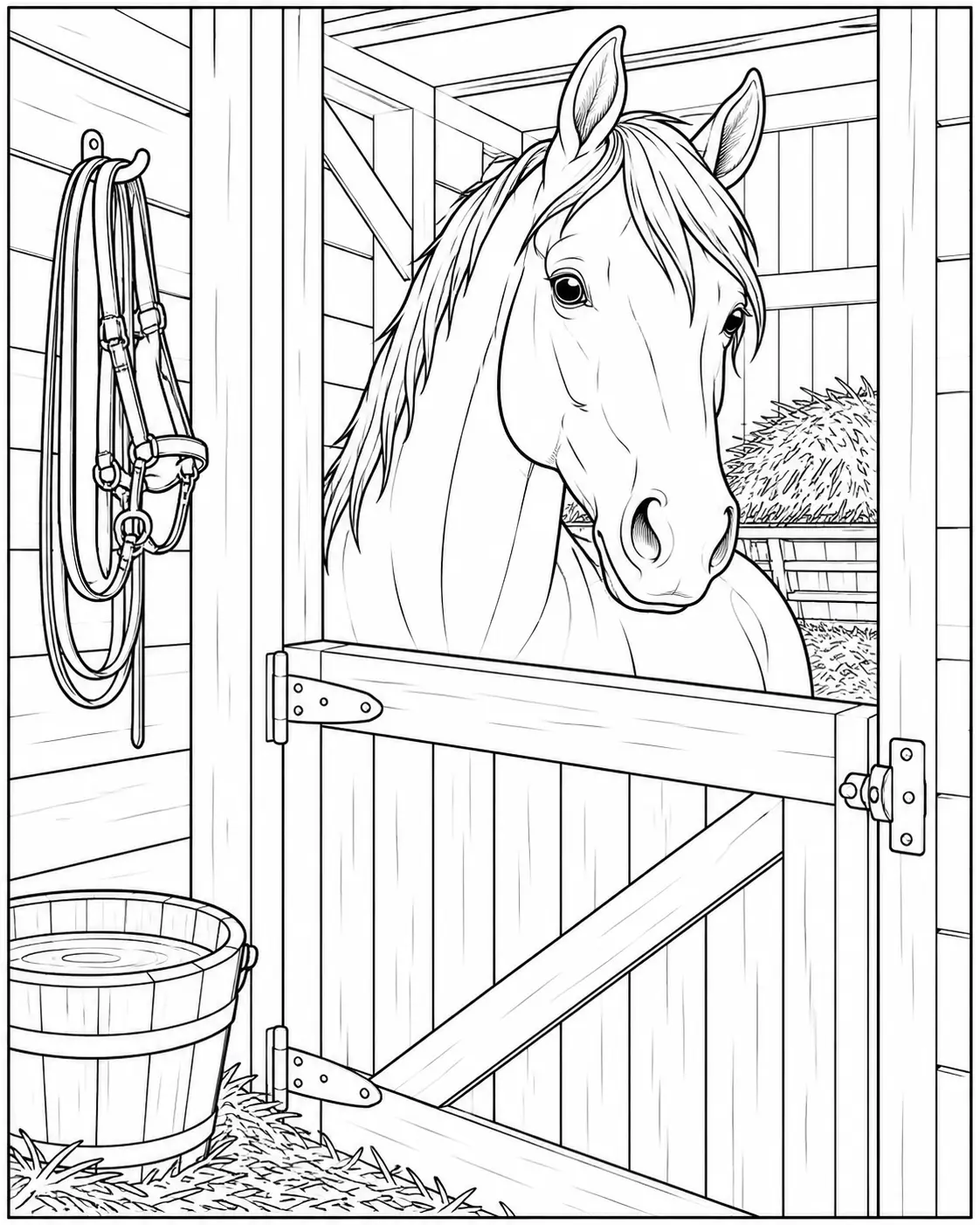 Horse looking out from a wooden stable stall coloring page