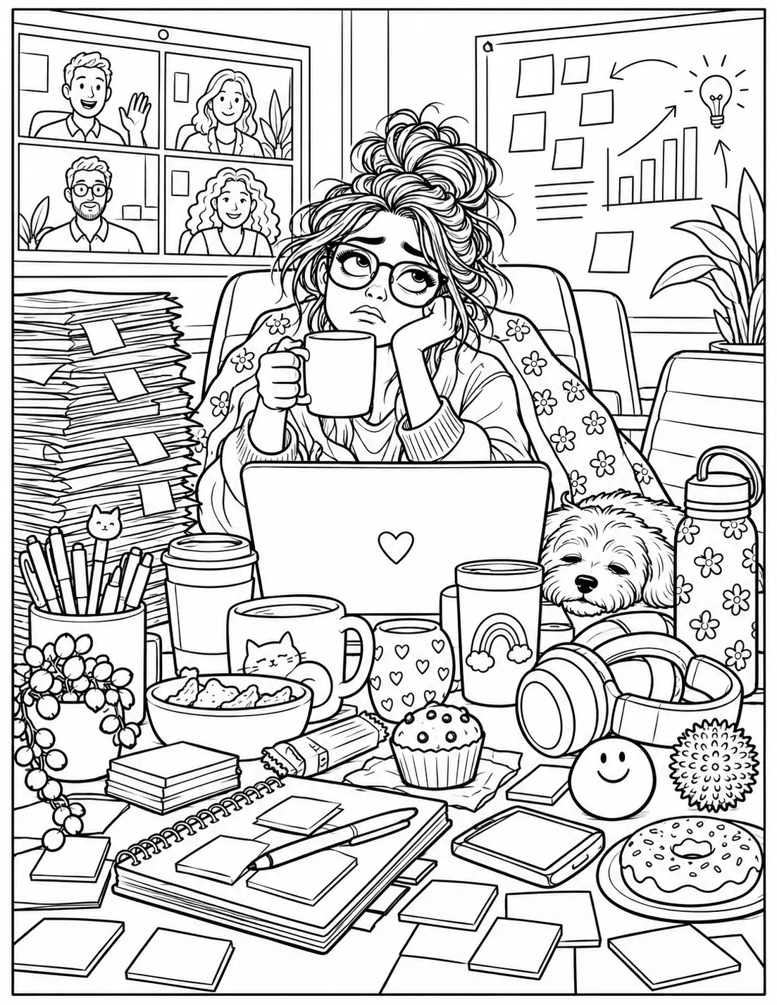 Funny adult coloring page of a tired office worker surrounded by meeting survival supplies
