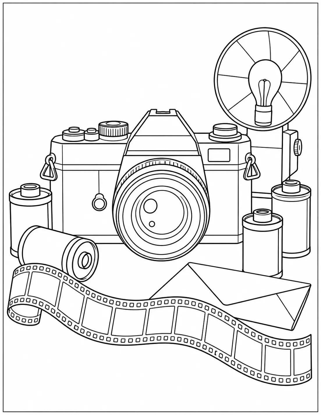 Retro camera and film rolls coloring page with film strip and vintage flash