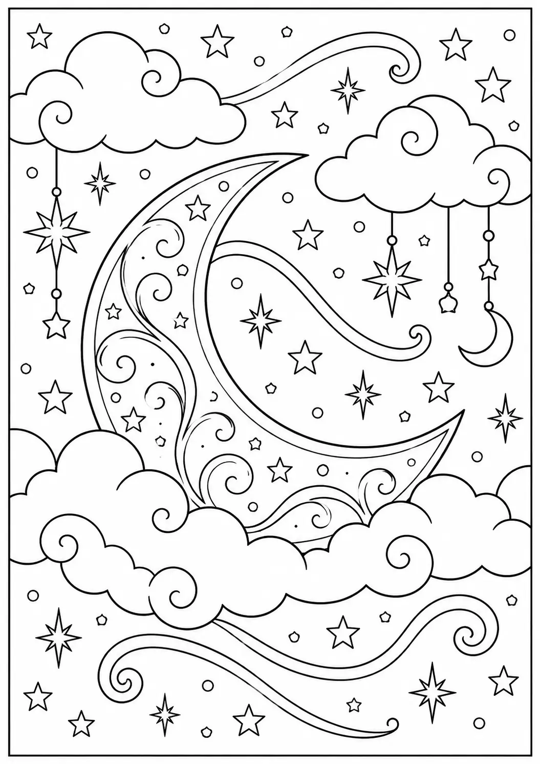 Moon and stars coloring page for adults with a crescent moon, clouds, and hanging stars