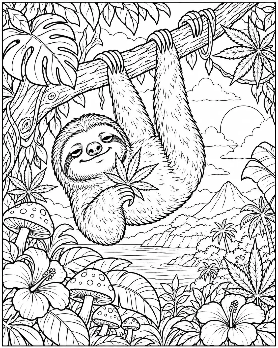 Stoner sloth hanging in a tropical jungle coloring page