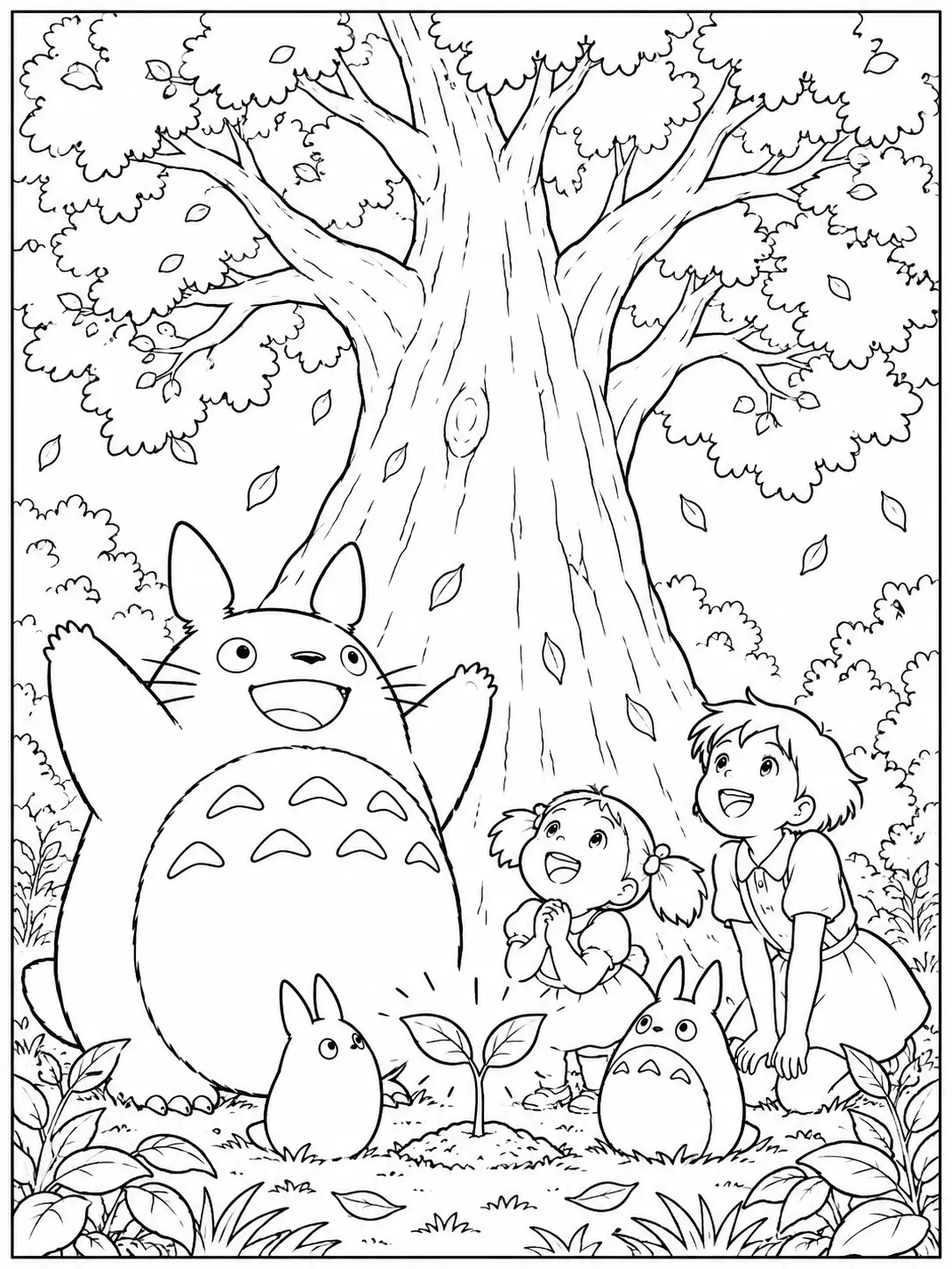 Totoro, Mei and Satsuki beside a growing tree coloring page
