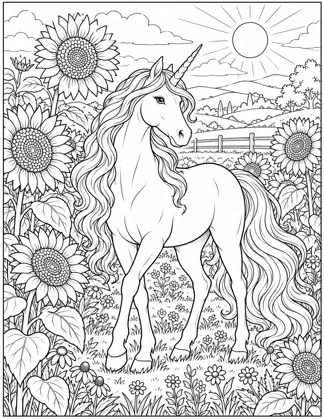 Unicorn standing in a sunflower field coloring page for adults