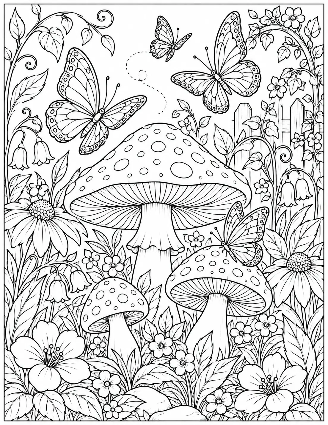Mushroom and butterfly garden coloring page for adults