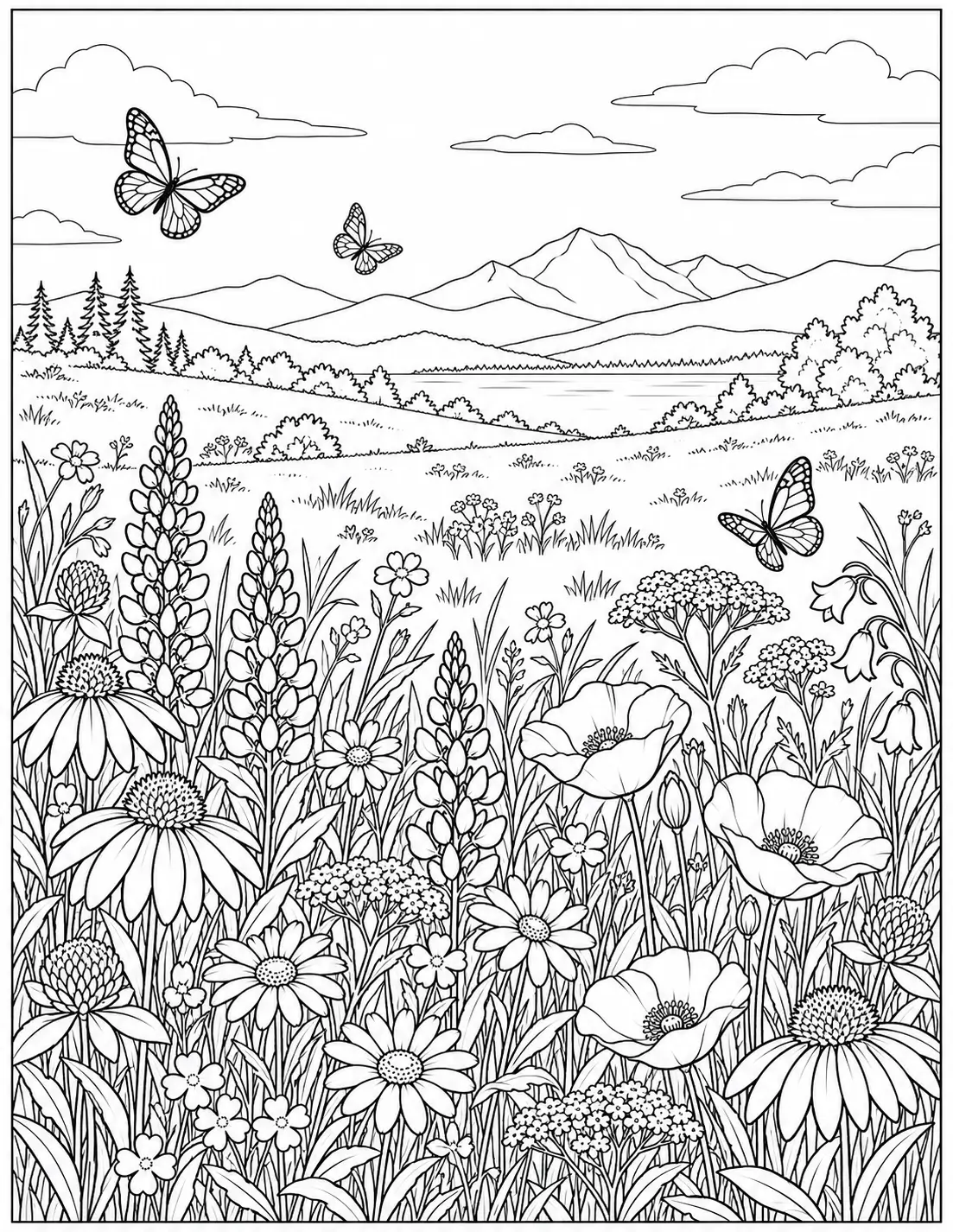 Wildflower meadow landscape coloring page