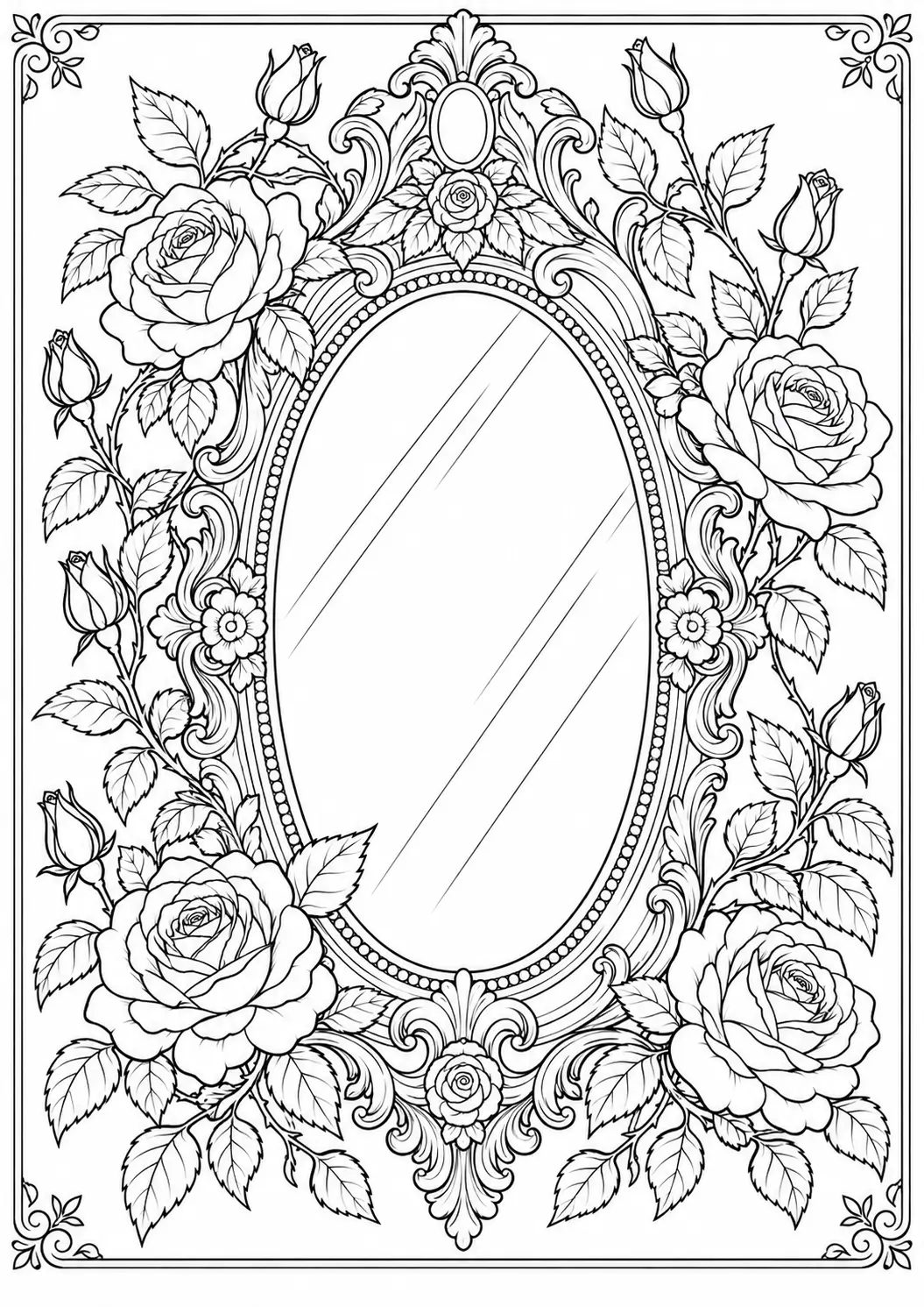 Roses around an antique mirror coloring page for adults
