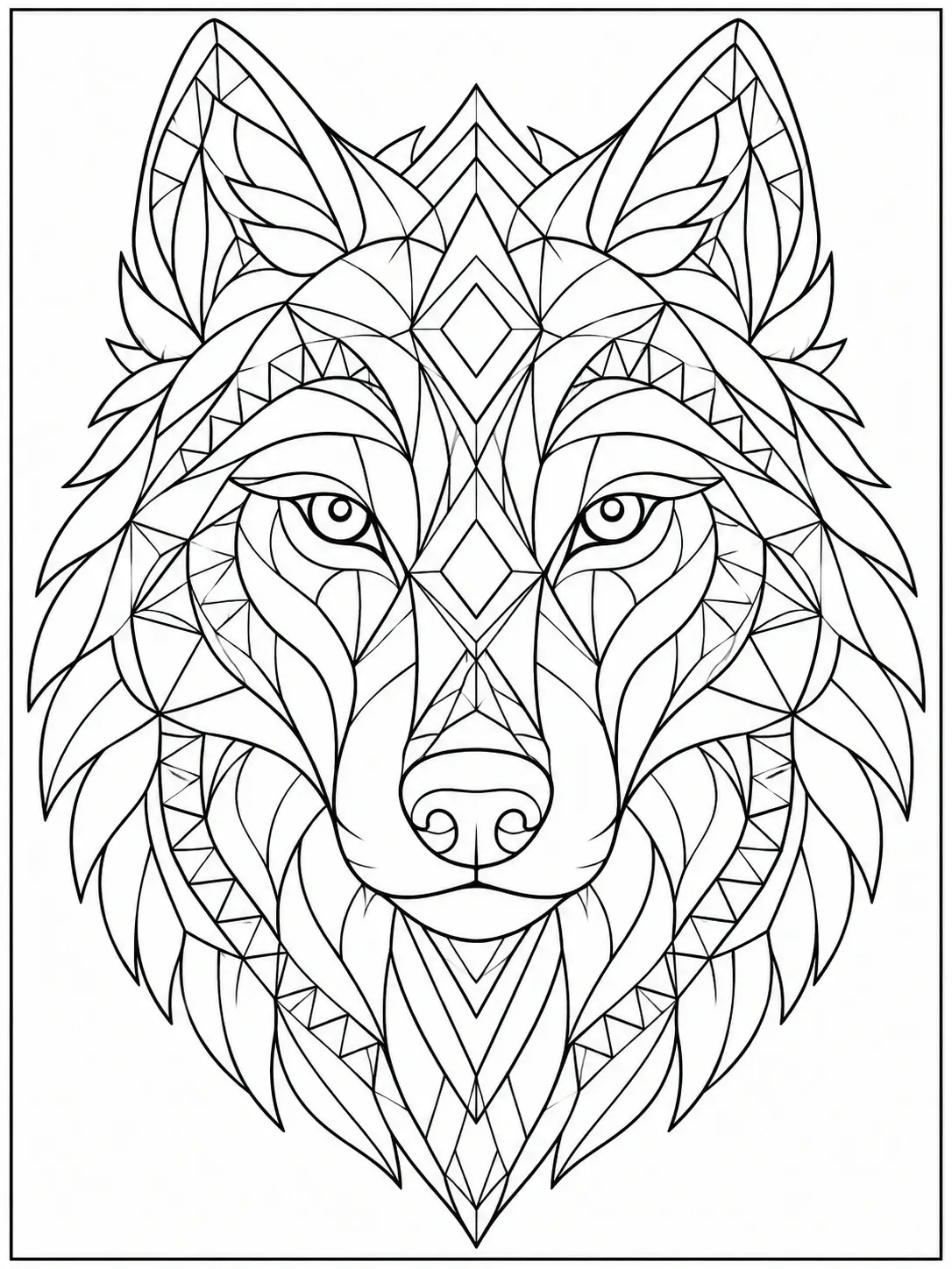 Geometric wolf face made with clean angular patterns coloring page