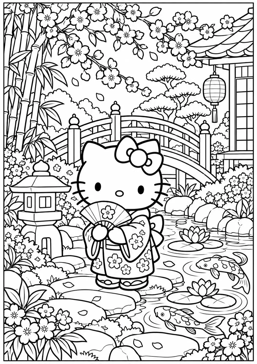 Hello Kitty Japanese garden coloring page for adults