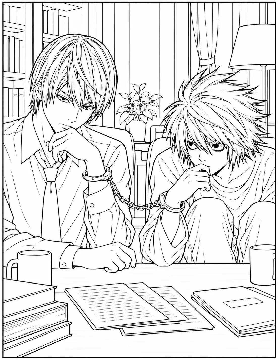Light Yagami and L handcuffed together coloring page